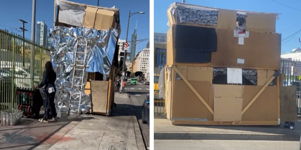 Hombre sin hogar construye casa de cartón de dos pisos en el centro de Los  Ángeles
