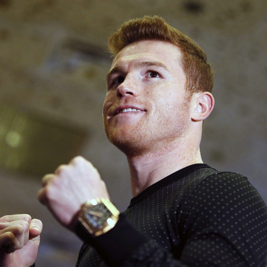 Canelo Alvarez poses at an event at the MGM Grand, Tuesday, May 3, 2016, in Las Vegas. Alvarez is scheduled to fight Amir Khan in a middleweight world championship bout Saturday in Las Vegas. (AP Photo/John Locher)