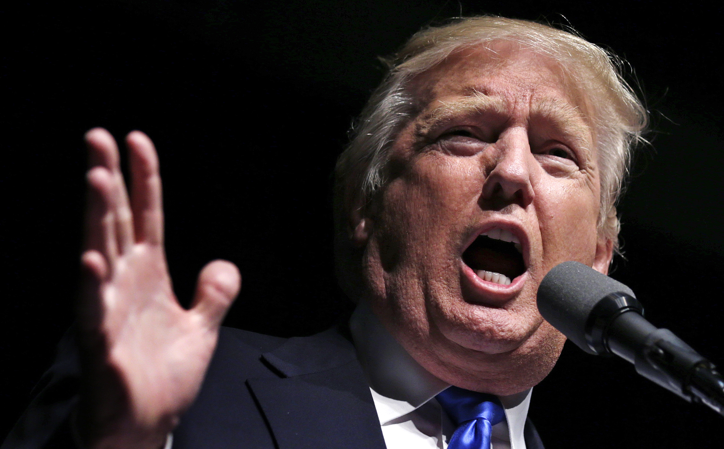 Republican presidential candidate Donald Trump gestures during a campaign event in Hartford, Conn., Friday, April 15, 2016. (AP Photo/Charles Krupa)