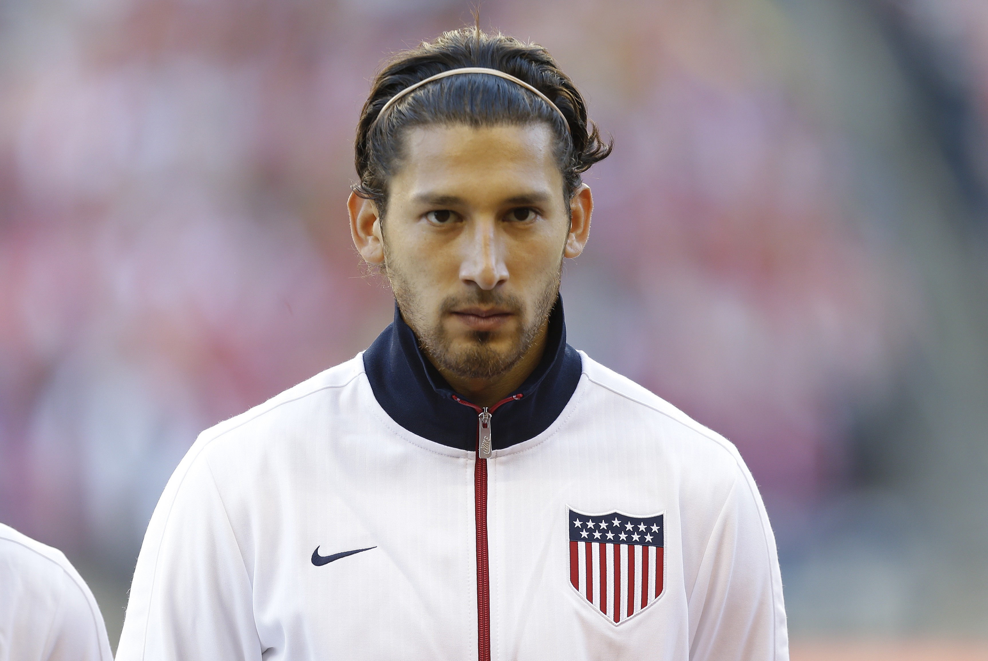 USA's Omar Gonzalez stands during player introductions before a World Cup qualifier soccer match against Panama, Tuesday, June 11, 2013, in Seattle. (AP Photo/Ted S. Warren)