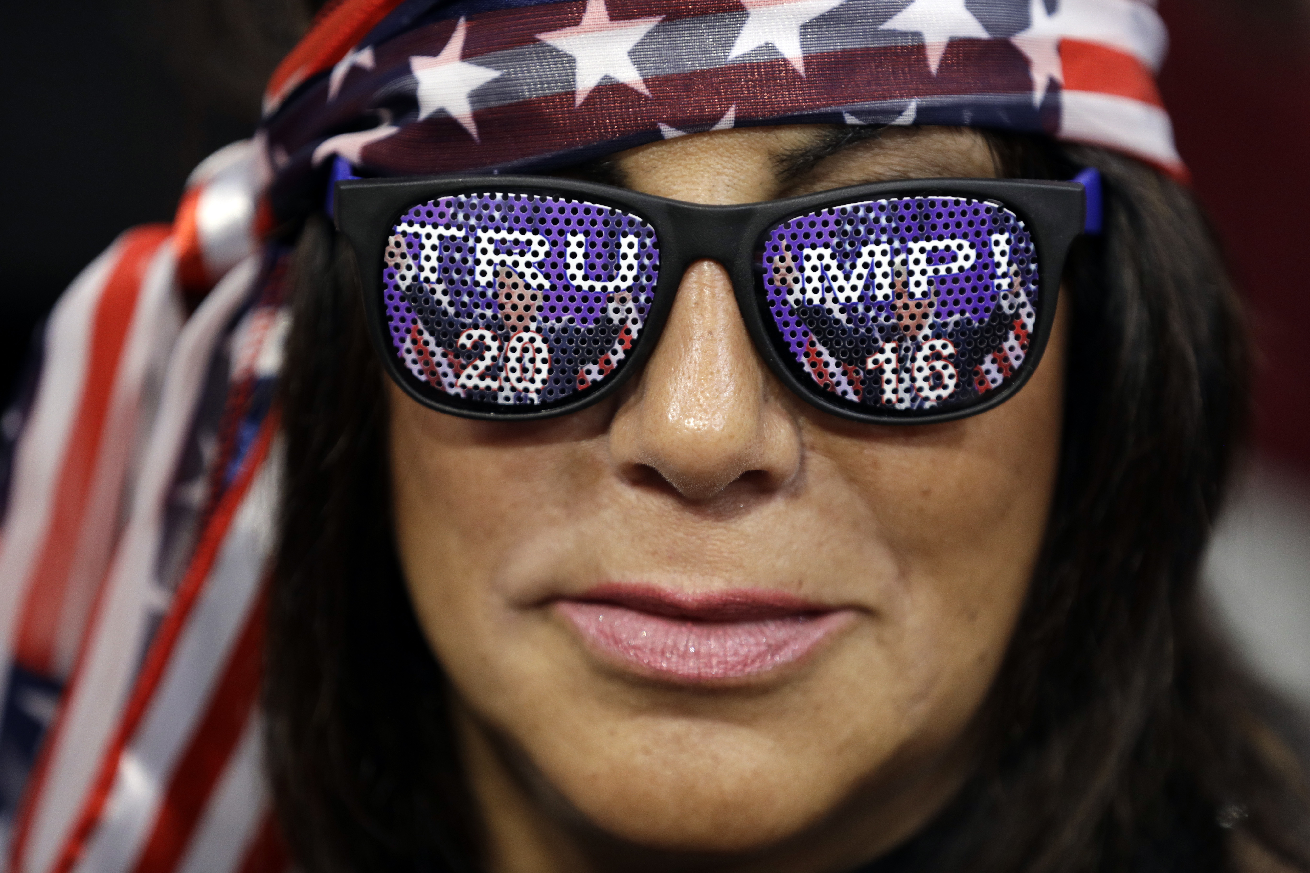 Diane Pennacchio from Montville, N.J., waits for the final day of the Republican National Convention in Cleveland, Thursday, July 21, 2016. (AP Photo/John Locher)