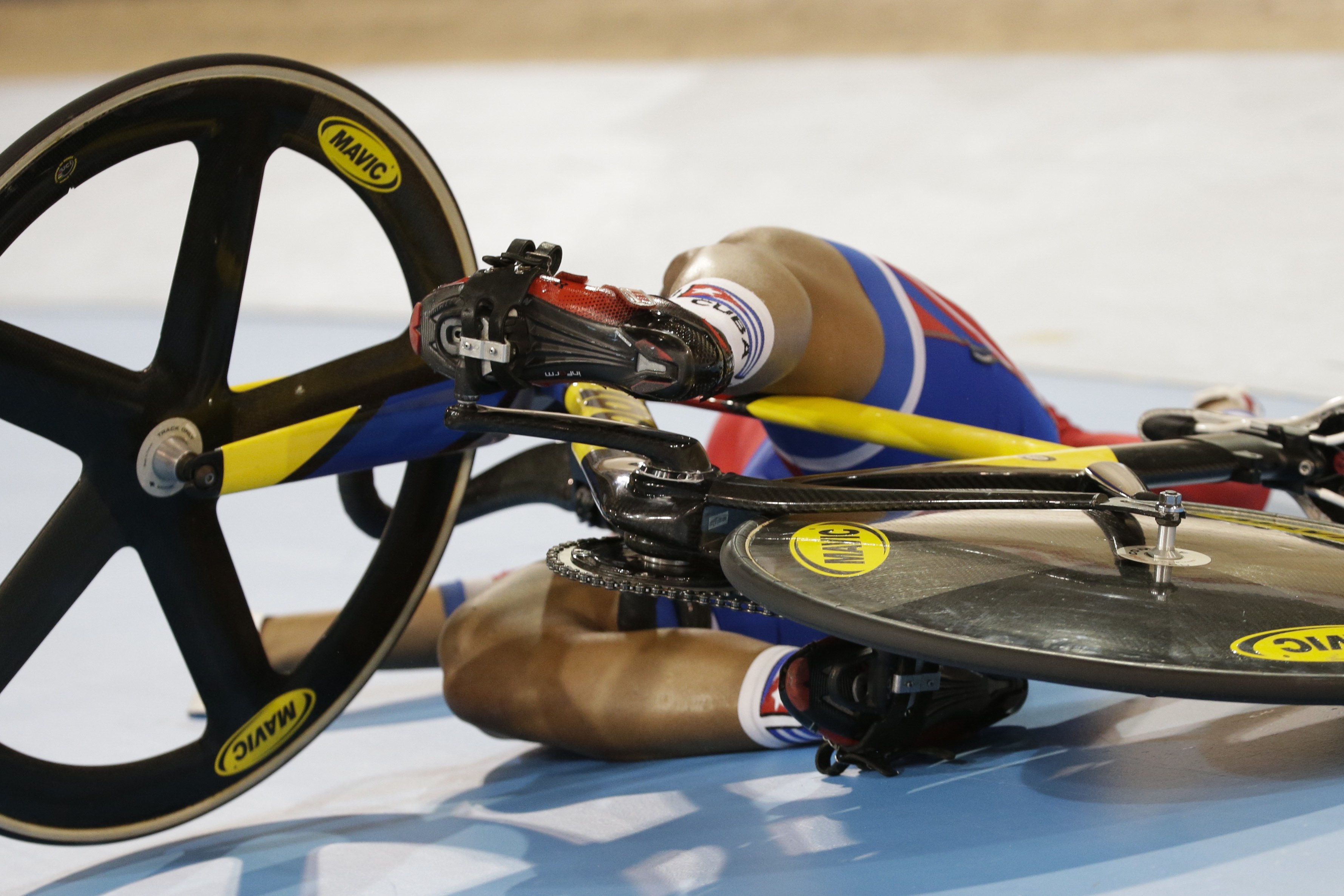 XXX's XX pedals during the XXmen's XX track cycling competition at the Pan Am Games in Milton, Ontario, Saturday, July 18, 2015. (AP Photo/Felipe Dana)