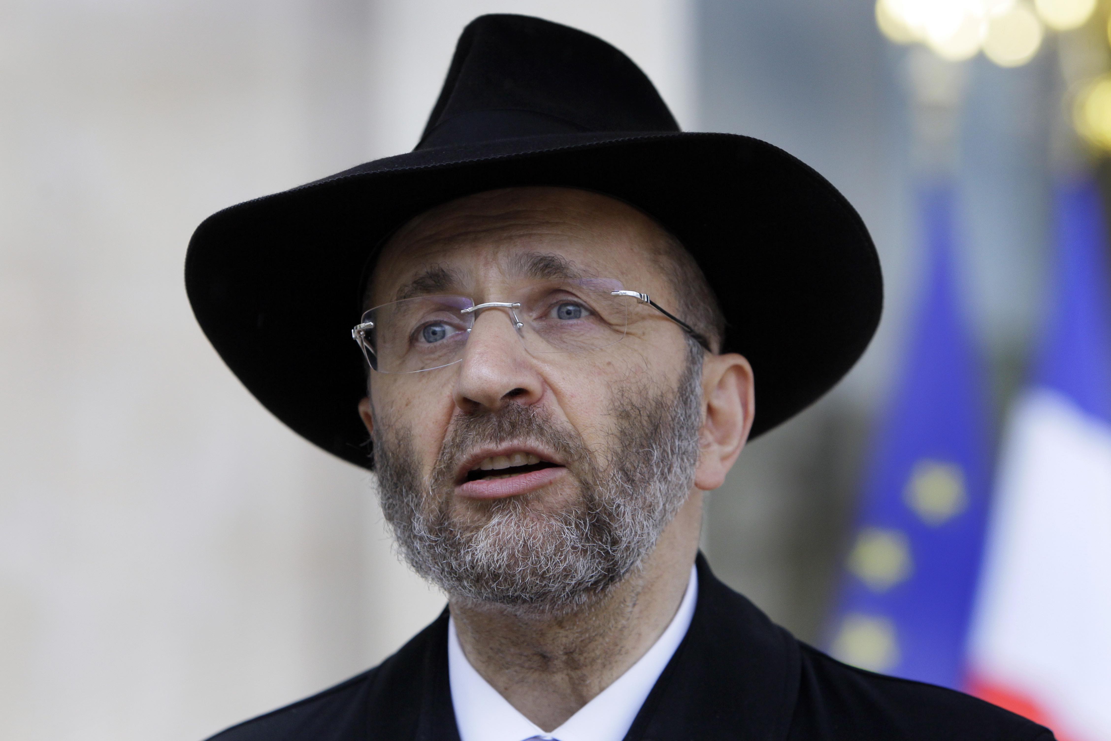 FILE - In this July 12, 2012 file photo, France's Grand Rabbi Gilles Bernheim talks to the media after his meeting with French President Francois Hollande at the Elysee Palace in Paris. French Jewish leaders were holding an urgent meeting to discuss the career fate of France’s chief rabbi Bernheim after he acknowledged “mistakes” amid allegations that he plagiarized texts and lied about his educational background.(AP Photo/Francois Mori, File)