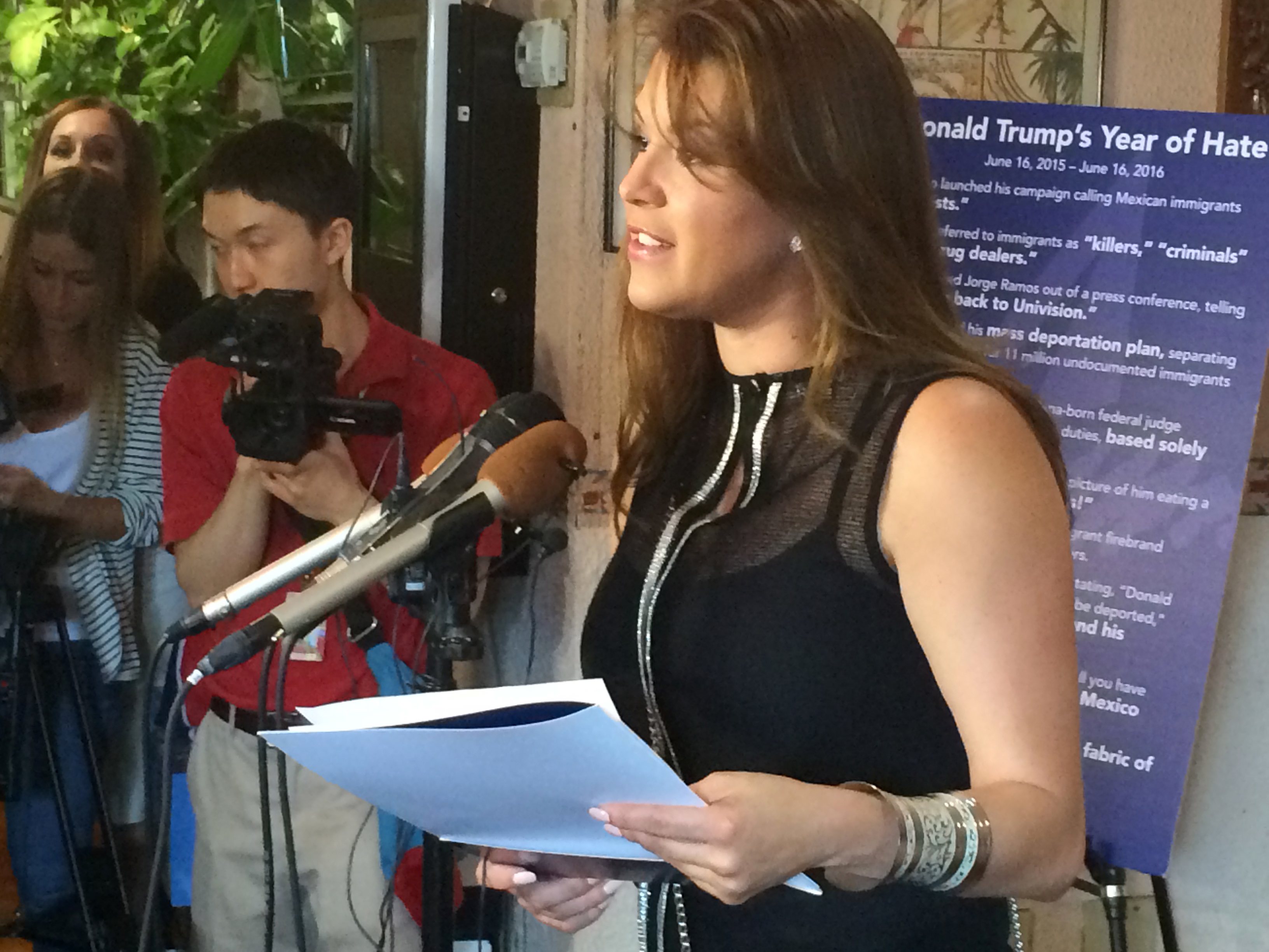 FILE - In this June 15, 2016, file photo, former Miss Universe Alicia Machado speaks during a news conference at a Latino restaurant in Arlington, Va., to criticize Republican presidential candidate Donald Trump. Machado became a topic of conversation during the first presidential debate between Trump and Democratic candidate Hillary Clinton on Sept. 27, 2016. (AP Photo/Luis Alonso Lugo, File)